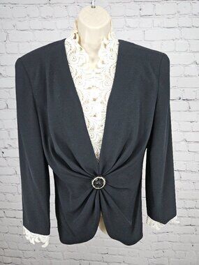 VTG Daymor Couture Black Ivory Lace Collar Ruched Brooch Evening Blouse 10